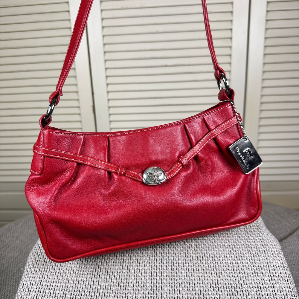 Osgoode‎ Marley Shoulder Bag Red Pleated Leather Purse Dragonfly Detail Handbag